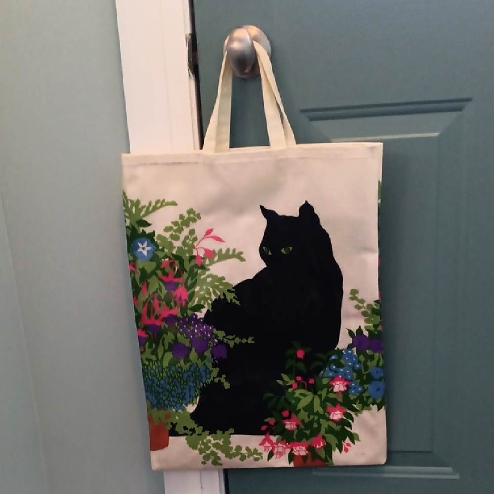 * Vintage Sue Boettcher Floral Black Cat Tote Bag